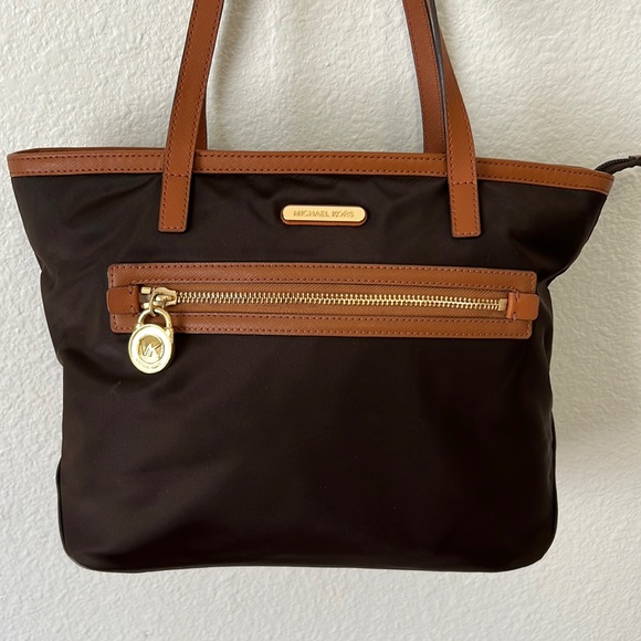 MICHAEL KORS • Nylon Leather Tote Bag Brown & Tan - Picture 3 of 9